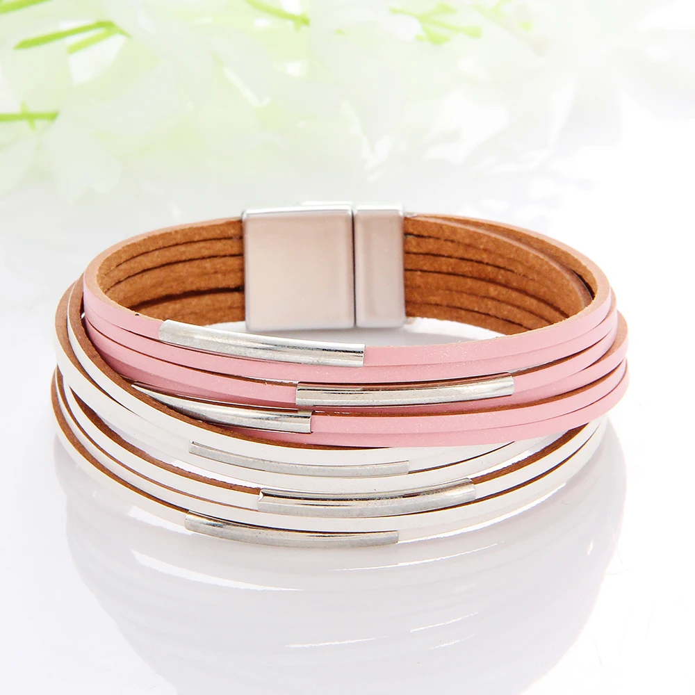 WYBU Multilayer Leather Women\'s Bracelet Metal Copper Tube Leather Wound Magnet Buckle Bracelet Exquisite Color Matching Jewelry