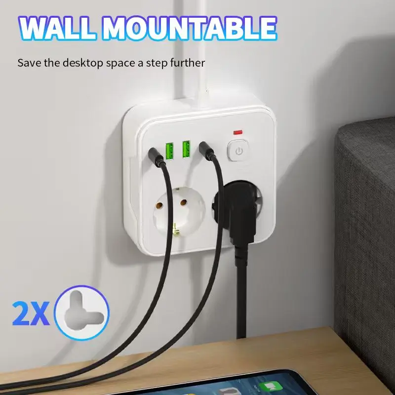 EU Plug Power Strip 2 AC 2 USB-A 2 Type-C Charging Station with Lightning Protection & Overload Safety, Wall-Mounted Outlet