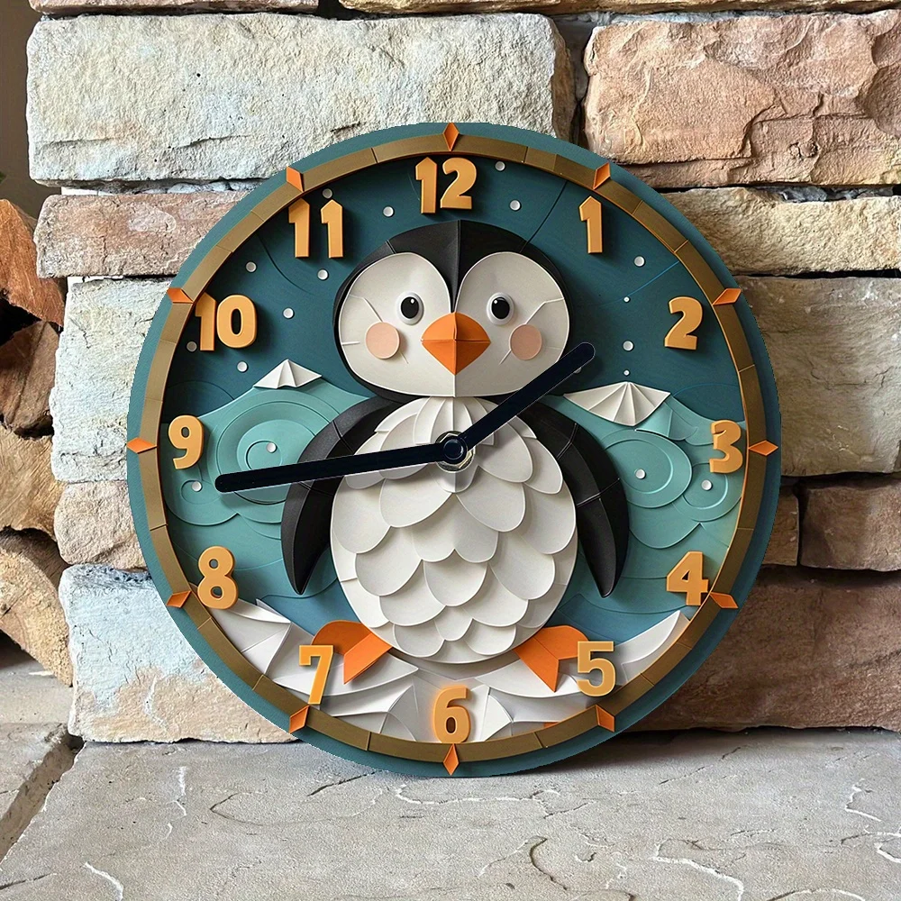 Penguin-Themed Silent Wall Clock-Aluminum Metal, Diy Summer Bedroom Decor, Perfect Halloween Gift For Men, 2D Effects Design