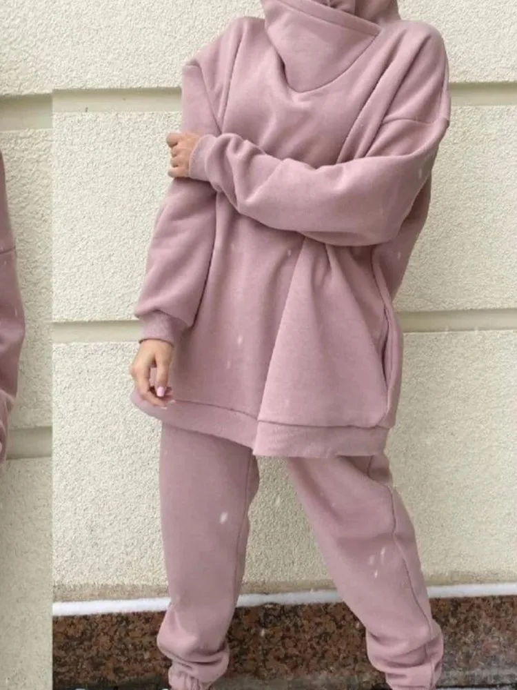 

Повседневный комплект с капюшоном для женщин, модные однотонные длинные брюки с высокой талией, комплекты из 2 предметов, женская спортивная уличная одежда, женская одежда, новинка