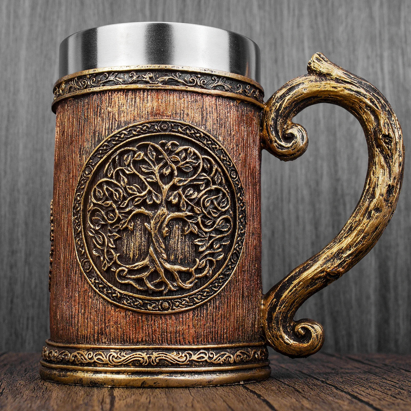 Tasse Viking arbre de vie nordique, tasse à bière en résine et acier inoxydable, arbre celtique, cadeau d'halloween, Imitation de bois rétro médiéval, 600ml