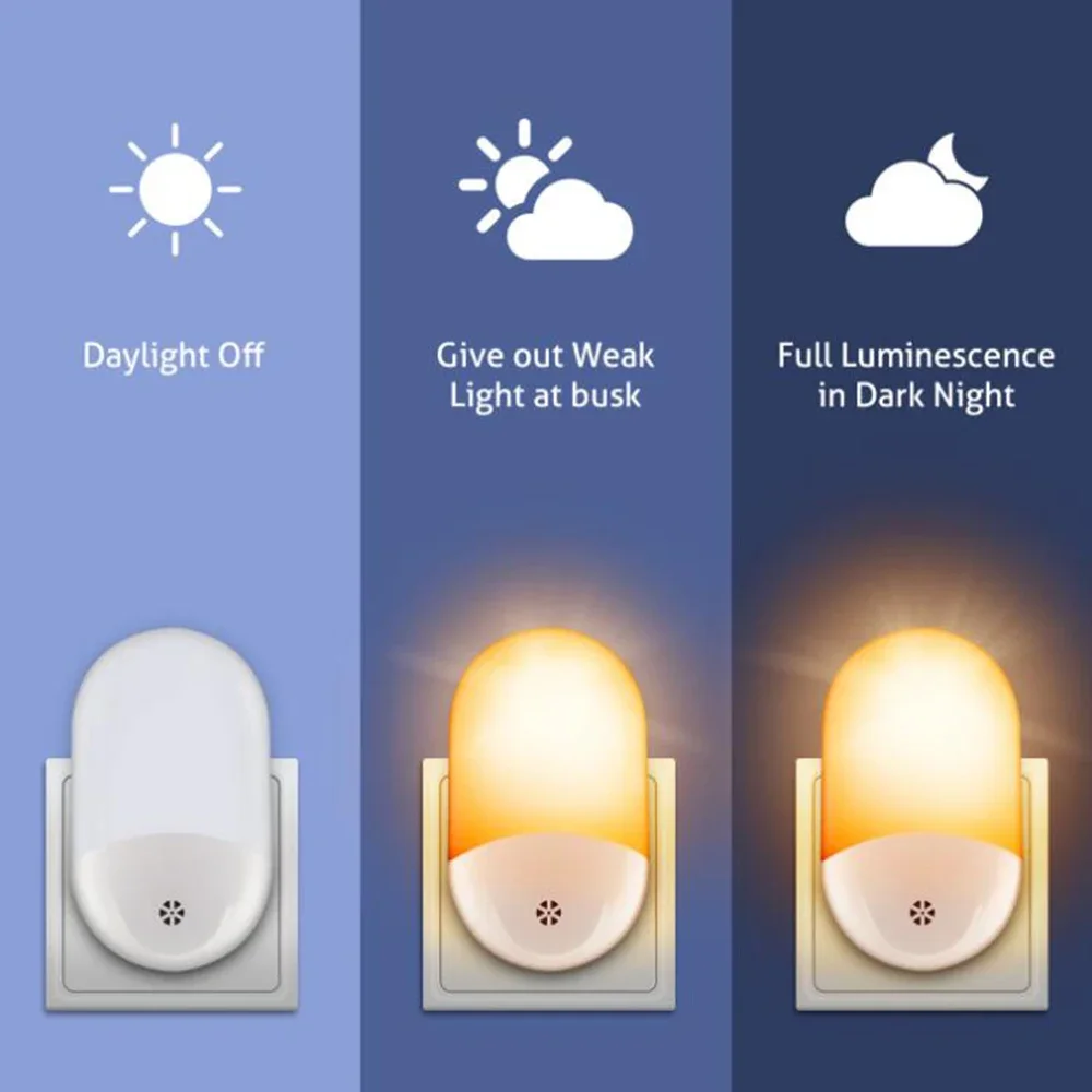 LED Sensor Light EU Plug-in Night Warm White Nightlight Dusk-to-Dawn for Children Home Bedroom Bathroom Kitchen HallwayStairs