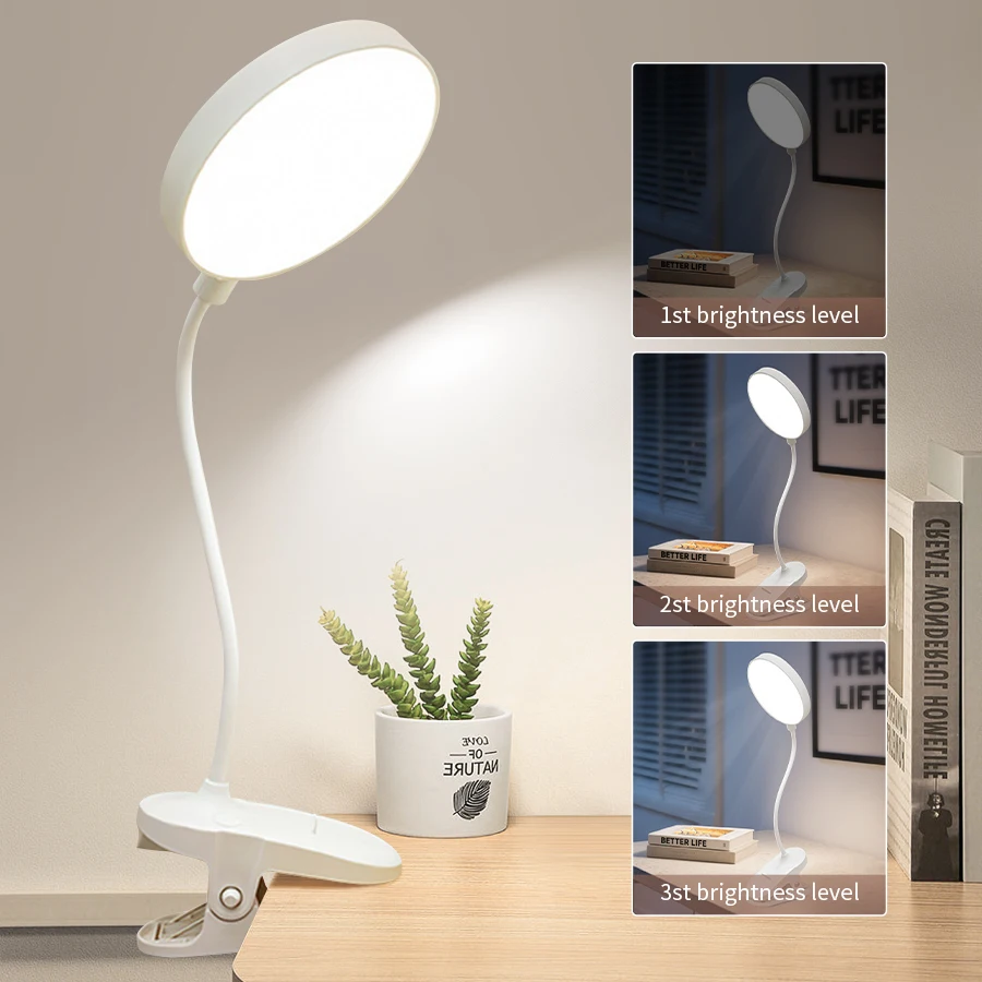 USB Rechargeable LED Desk Lamp Eye Protection Table Light Clip-On Desktop Night Light Dimmable Bedroom Office Study Reading Lamp