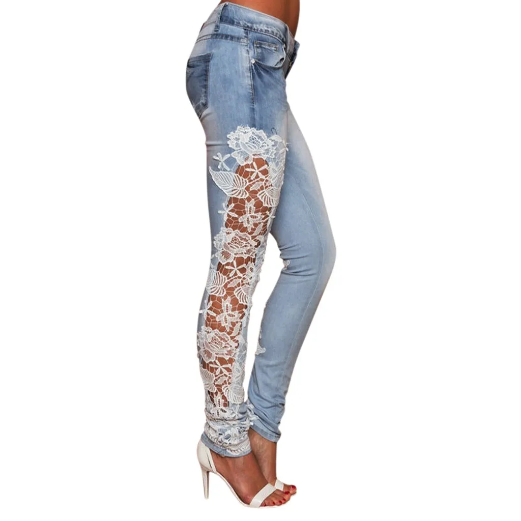 High Stretchy Distressed zerrissene Blumen applikationen Spitze aushöhlen Jeans niedrige Taille schmal geschnittene Mode Bleistift Jeans hose