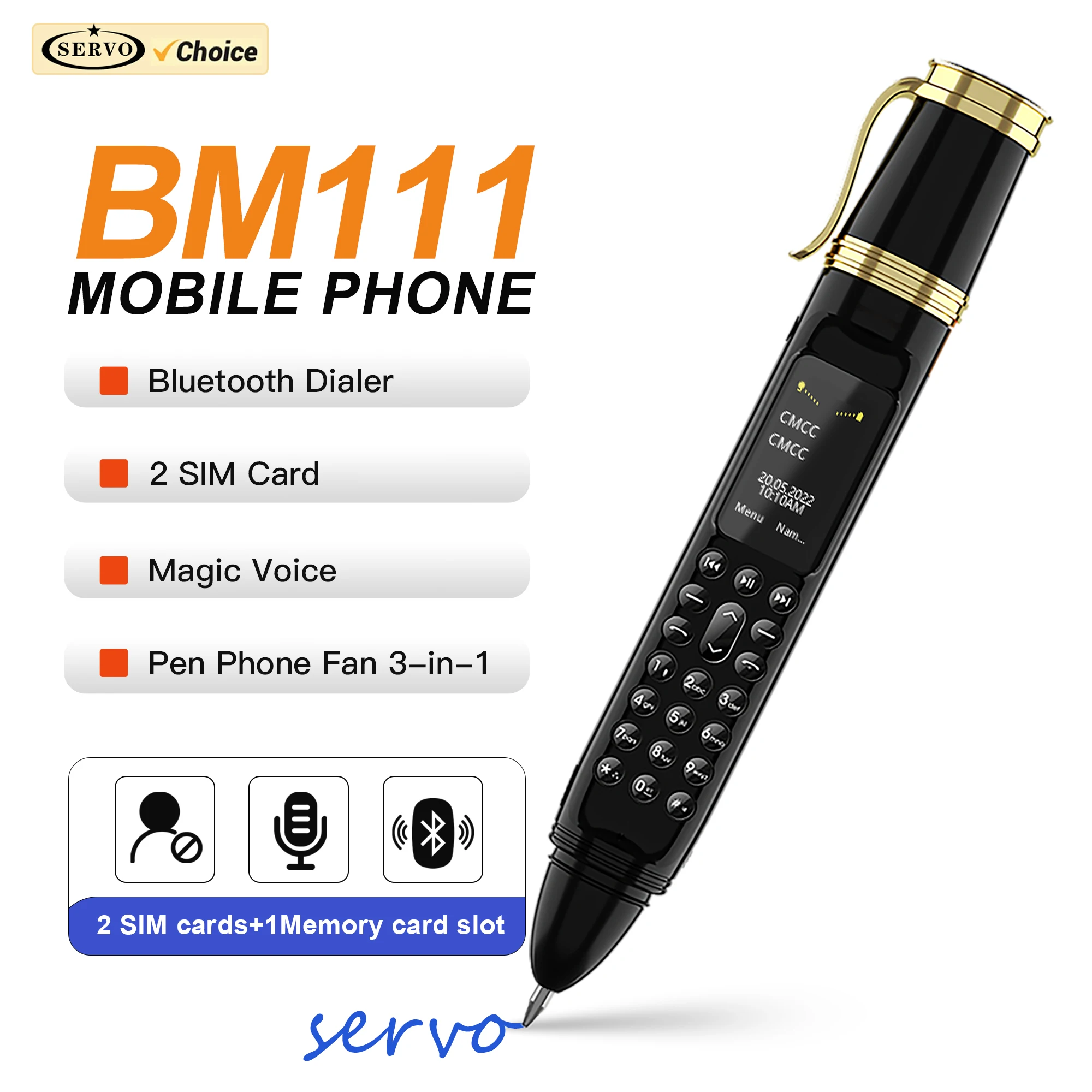 SERVO BM111 Pen Fan Mobile Phone 3-in-1 Magic Voice Bluetooth Dialer 2G GSM Writing Pen Style Portable Cellphones 2 SIM Standby