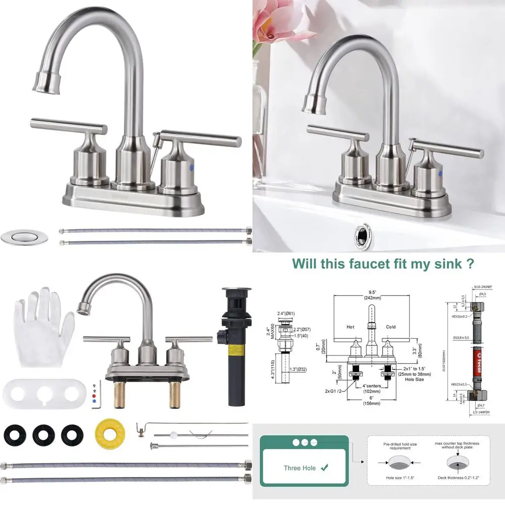 

3-Hole 4 Brushed Nickel Bathroom Sink Faucet with Drain and Hose, Modern 2-Handle Vanity Tap for RV and Basin