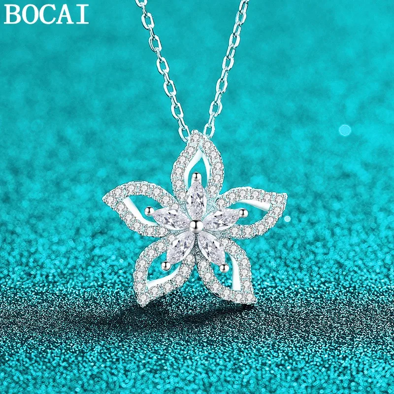 BOCAI NEW S925 Sterling Silver Fashionable And Sweet Inlaid With Moissanite Flower Pendant Women's Gift