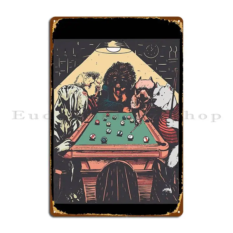 Dogs Playing Billiard Illustration Metal Plaque Poster Retro Garage Plaques Wall Decor Iron Garage Tin Sign Poster