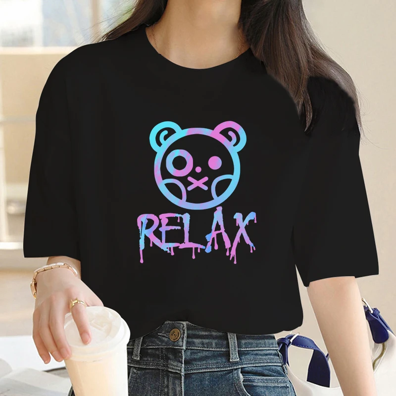 Women's Summer T-Shirt Print Fashion Casual Short Sleeve T-S Hirt Relax Bear Letters 90's Trend Cute Short Sleeve Female Graphic