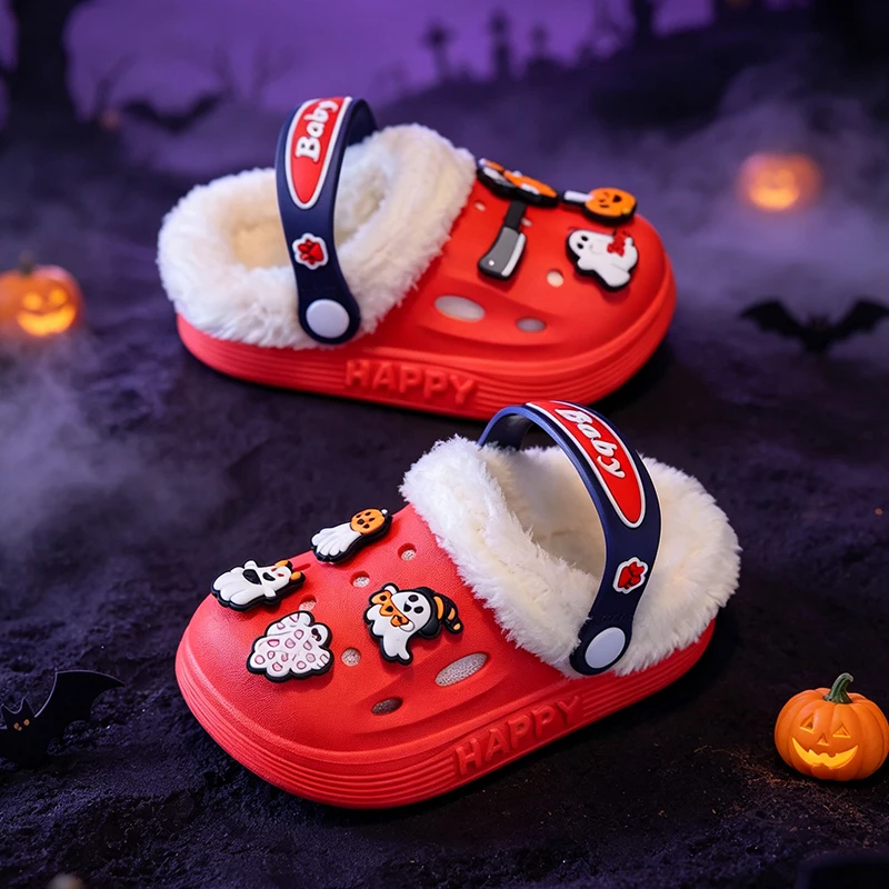 Niedliche Halloween-Geister-Kürbis-Dekoration, gefütterte Clogs für Kleinkinder, warme, rutschfeste Hausschuhe für Jungen und Mädchen. – Detail 6
