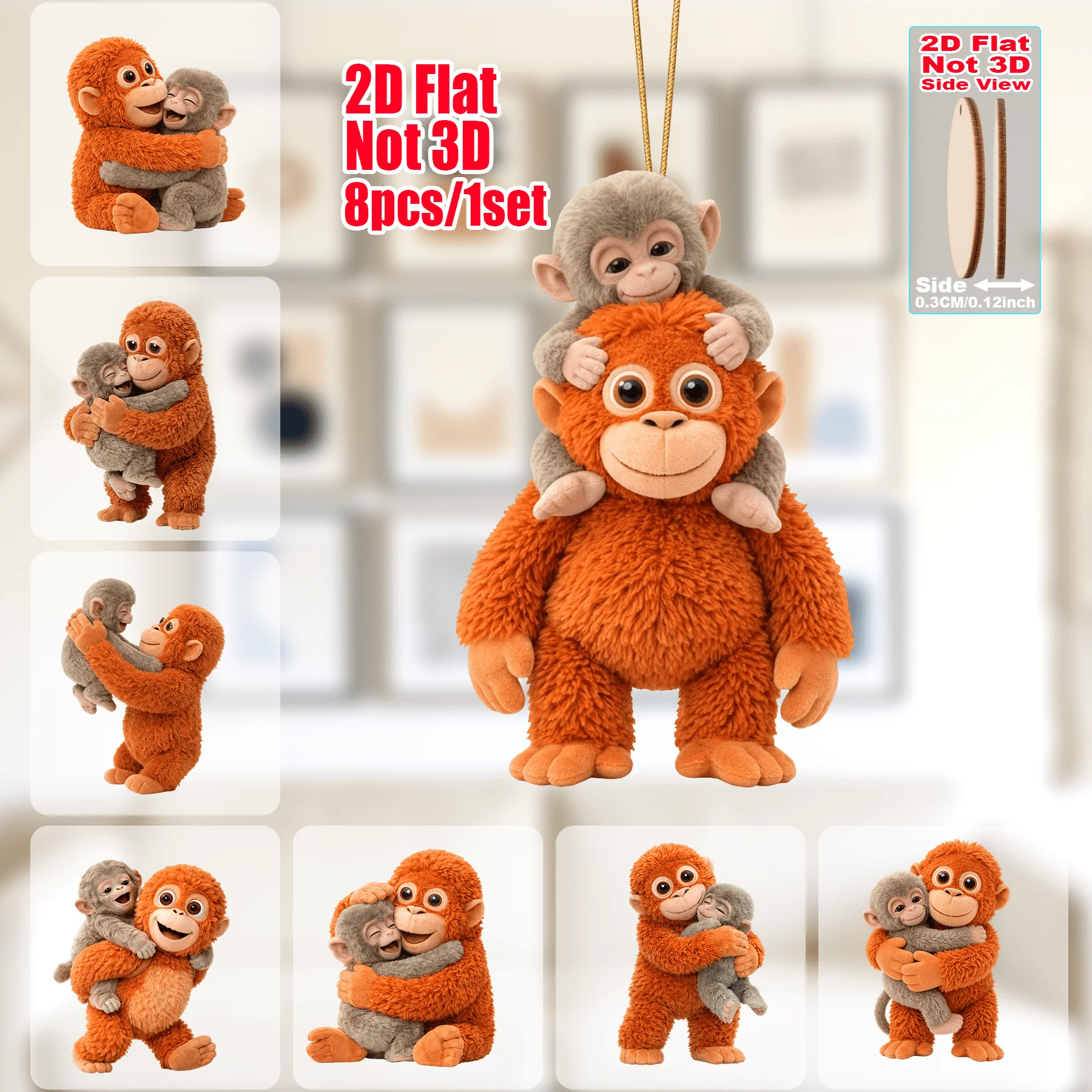 8pcs Protect Punch The Monkey Pendant Decorat Cute Monkey Holding Plush Gift The Monkey Keychain for Backpack Purse Wooden 2D