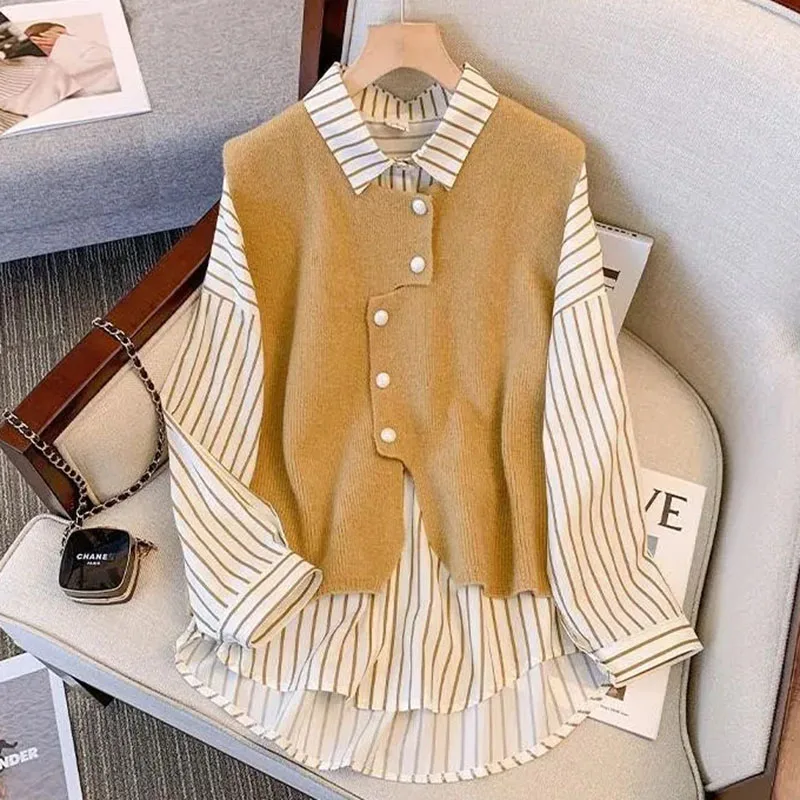 

Oversized Women's Casual Shirt Vest Fake Two Sets High-grade Spring Autumn Shirts Female Korean Single-breasted Striped Blouse