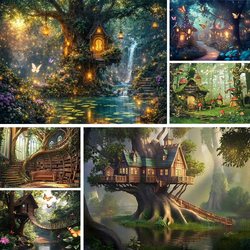 

Cartoon Treehouse Theme Birthday Party Decoration Banner Fairytale Forest Library Background Baby Shower Supplies Photo Studio