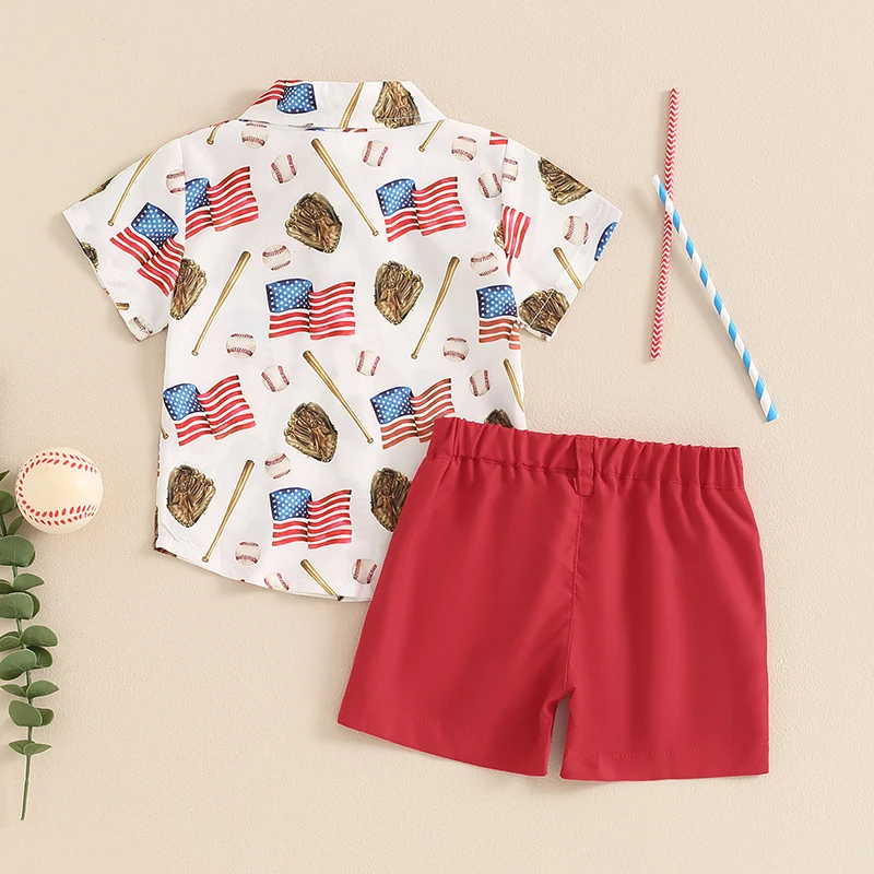 Toddler Baby Boy Fourth July Outfit Flag Print Button Down Shirt and Casual Shorts Summer Holiday Clothes Set