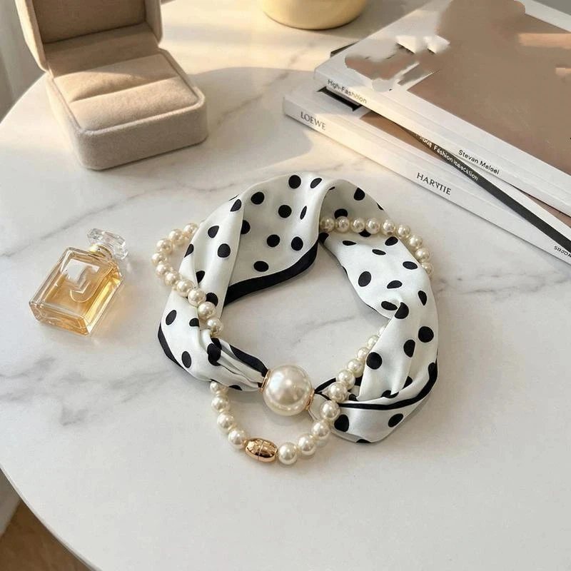 Magnetic Narrow Elegant Satins Neck Scarf Wrap With Pearls Chain Necklace And Buckle For Women Vintage Floral Silk Neckerchief image 3
