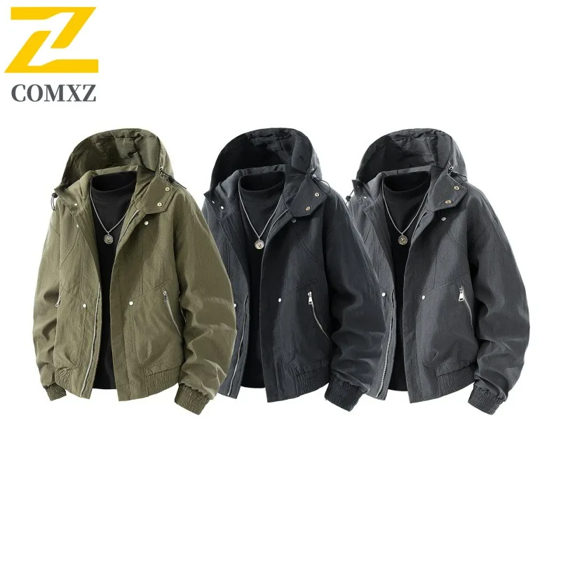 

COMXZ 2025 Мужская и женская повседневная куртка с капюшоном для пар, осенняя модная свободная посадка, универсальное легкое удобное пальто