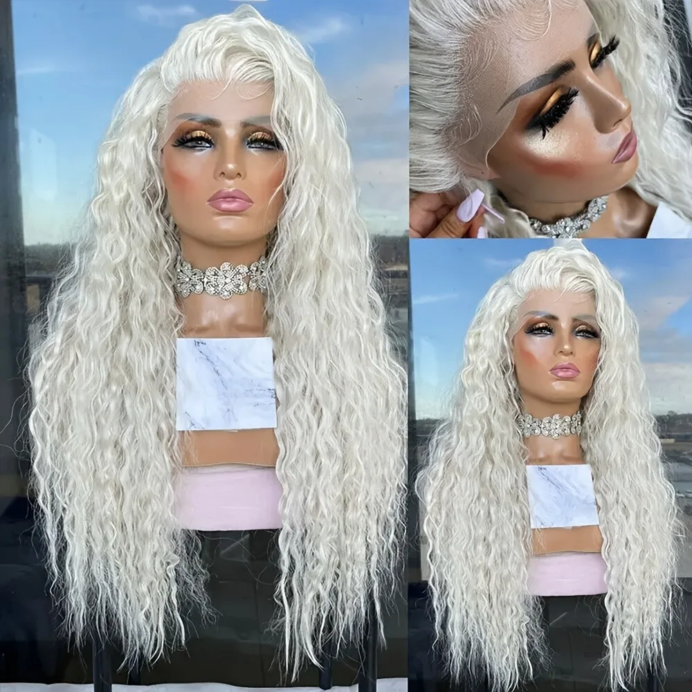 White Wig 30inches Loose Water Wave Lace Frontal Wigs 13X4 Hd Curly Wigs Synthetic Lace Frontal Wig Daily Wear peruca for Wemon
