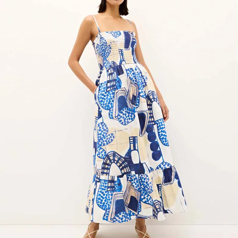 Padrão azul impresso fora do ombro bohe vestido sexy verão suspender vestido plissado casual cintura alta sem mangas praia vestidos longos