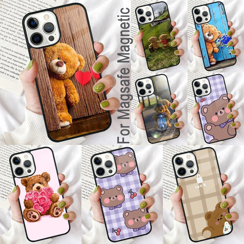 

Мягкий Магнитный чехол с милым медведем для iPhone 16 Promax 15 Pro 13 14 Plus 11 12 Mini MagSafe Coque