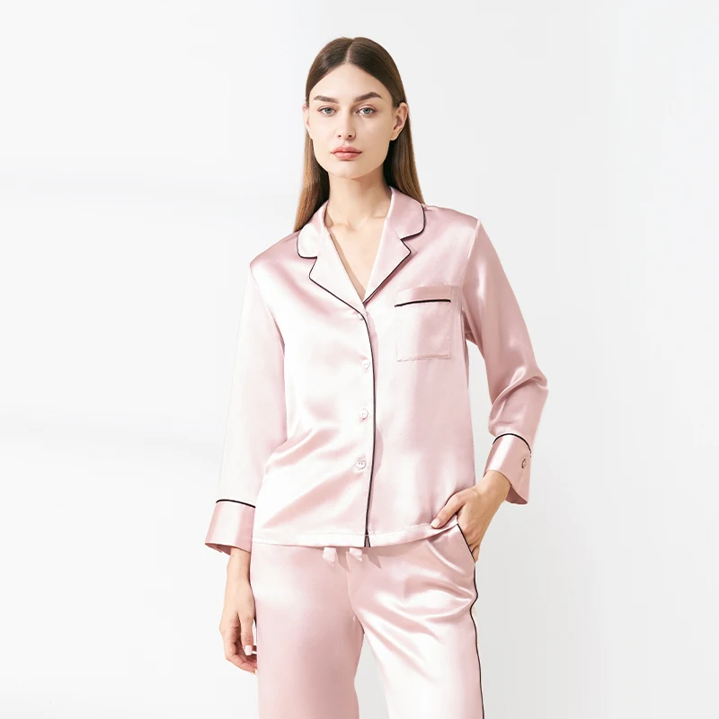 Piped 22MM 100% Mulberry Silk Long Sleeve Trousers Sleepwear Set Pajamas Solid Button Down Lapel Loungewear Caridgan Pajama PJS