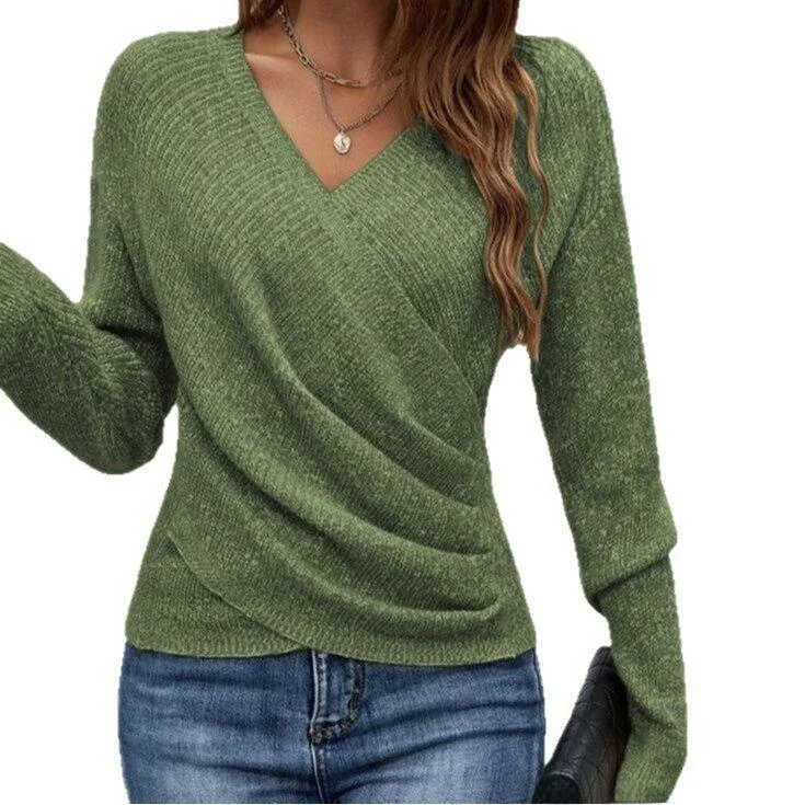 

Elegant V-Neck Long Sleeve Cross Pure Color Knitted Sweater Women's Loose Fit Knitwear Single Piece Autumn Season Regular Thi...