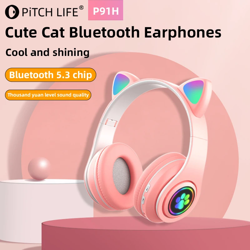 P91H,Cute Cat Ears BT Wireless Headphone Com Mic E Flash Light, Capacete De Música Estéreo LED, Fone De Ouvido Dobrável, Pres