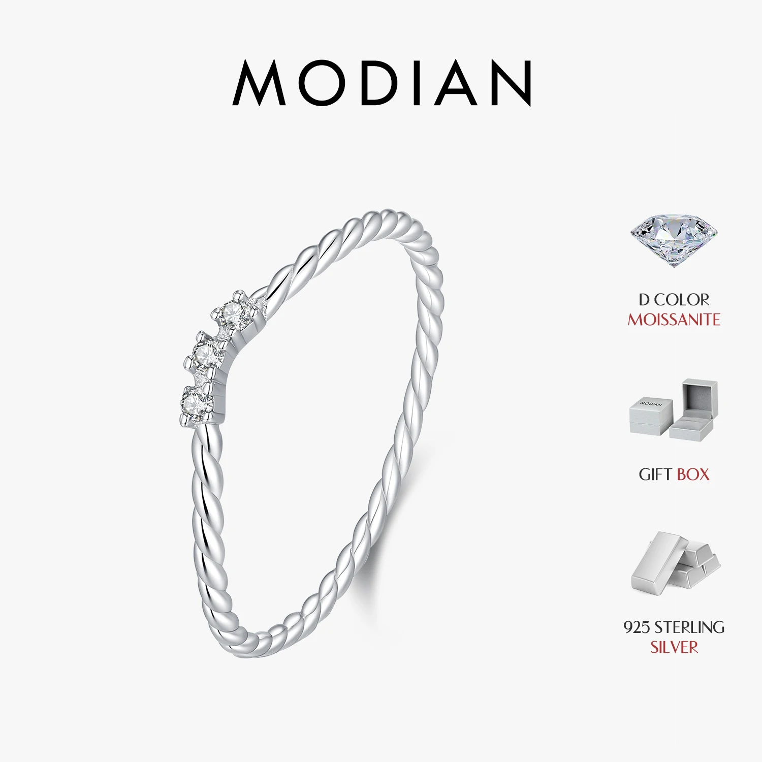 Anel de empilhamento MODIAN D Color Moissanite em prata esterlina 925, anel de dedo trançado fino em formato de corda, joias finas para mulheres.