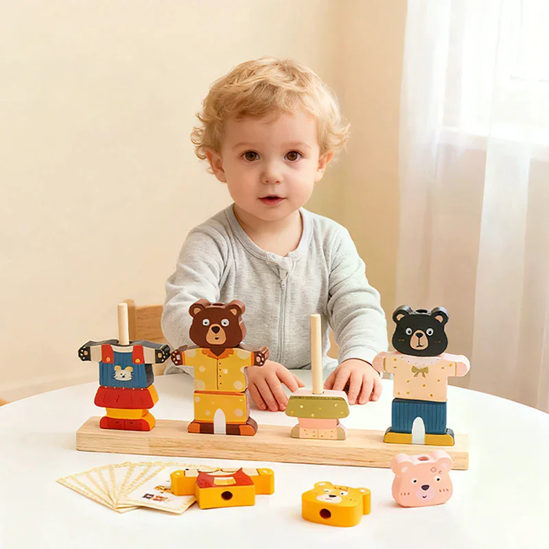 Montessori Wooden Animal Stacking & Dress Up Blocks Educational Toy Colorful Puzzle Imaginative Play For Children
