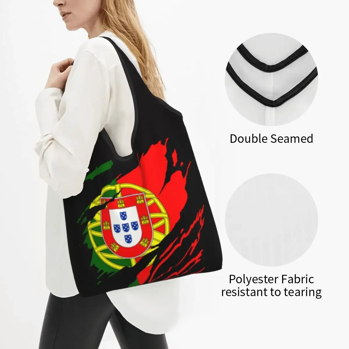 Custom Vintage Flag Of Portugal Shopping Bag Women Portable Large Capacity Groceries Portuguese Pride Shopper Tote Bags