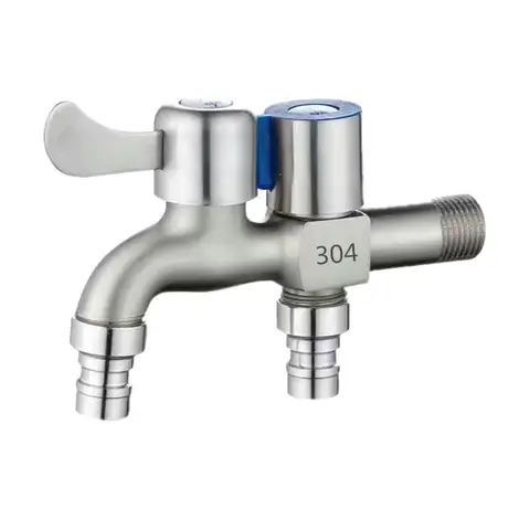 Stainless Steel Faucet Double Outlet Dual Control Water Tap One in Two Out Faucet 1/2" Bidet Faucets Bathroom Accessories