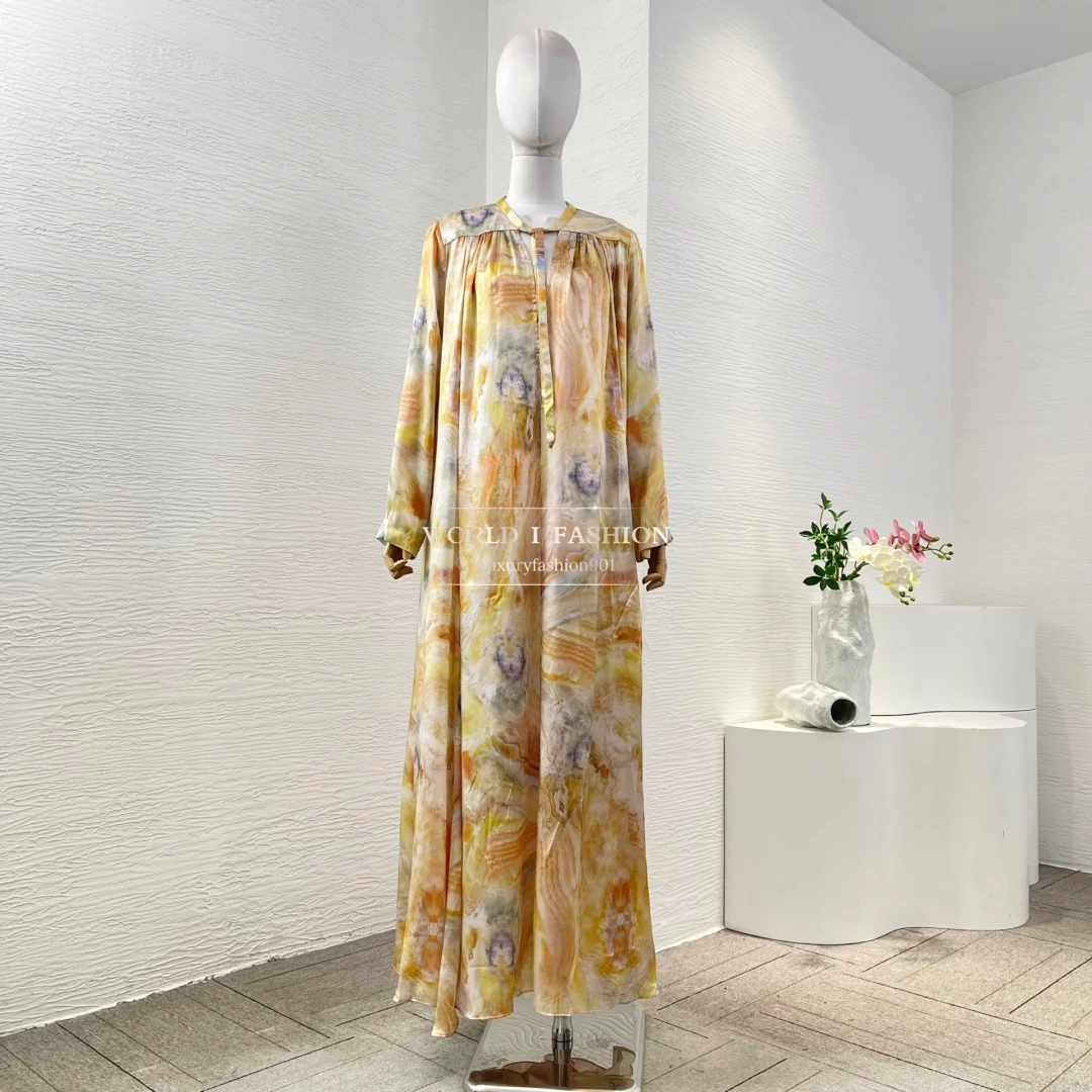 

Yellow Floral Print Long Sleeve Loose Midi Dress 2025 New Style