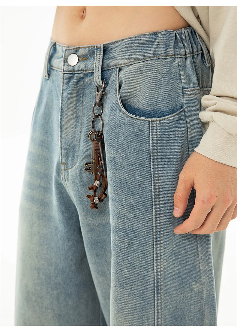 Men Jeans Distressed Jean Solid Straight Denim Full Length Pants Washed Loose Zipper Fly Vintage Pockets High Waist Spring