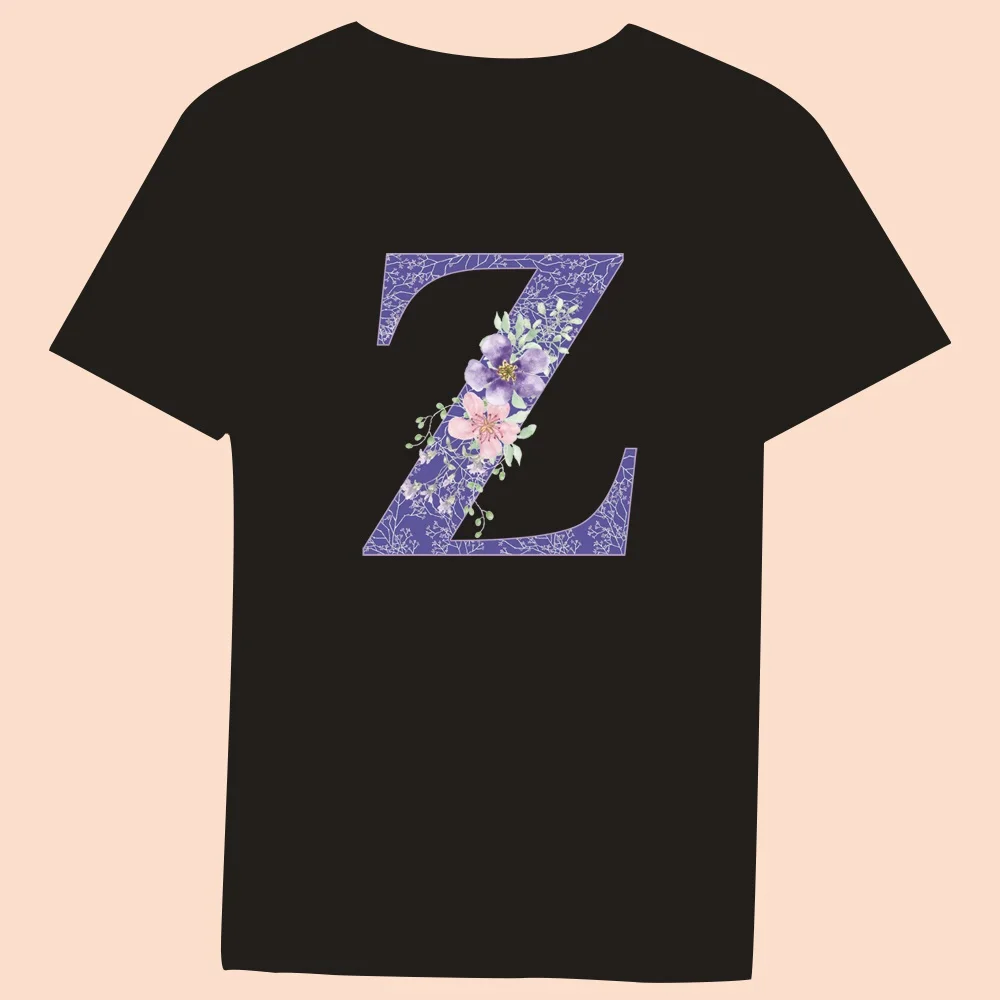 Women Summer Round Neck Slim Fit Commuter Short Sleeve Ladies Fashion Clothes Top T-Shirt Casual Top Purple Floral Letter Print