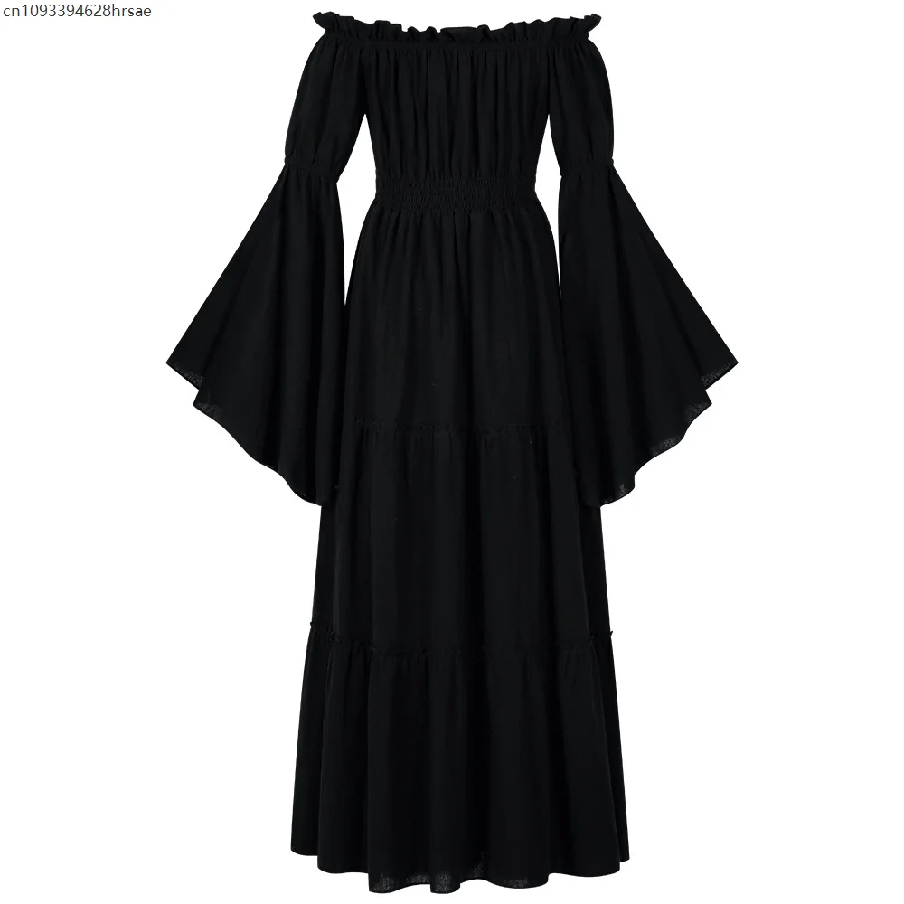 

AWomen Renaissance Irish Dress Off Shoulder Medieval Peasant Dress Pirate Costume Wench Retro Gown Smocked Waist Maxi Long Dress