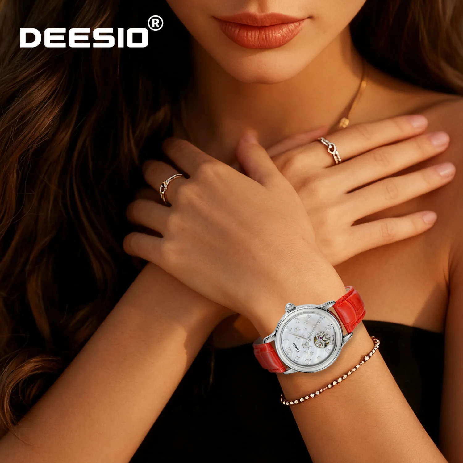 deesio-women's-durable-stainless-steel-mechanical-watchstarry-sky-skeleton-dial-50m-waterproofvalentine's-day-gift-for-women