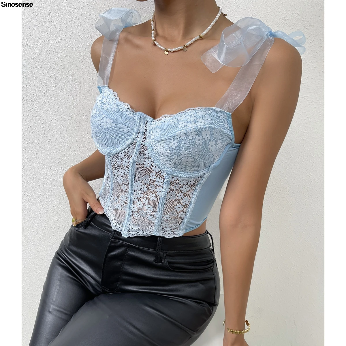 Women Floral Lace Contrast Mesh Tie Strap Bustier Top Elegant Sleeveless Curved Hem Corset Tops Y2K Night Club Party Crop Tops