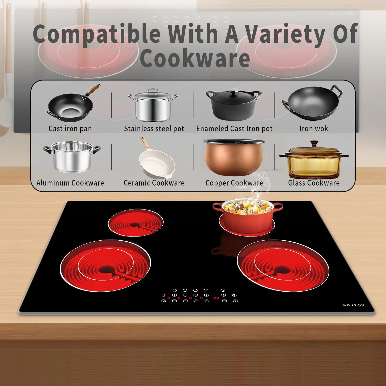 เตาไฟฟ้า Noxton ขนาด 30 นิ้ว 4 หัวเตา แบบฝังในตัว ระบบสัมผัสเซ็นเซอร์ หัวเตาปรับขนาดได้ ฟังก์ชั่นหยุดชั่วขณะ ล็อคความปลอดภัย ตั้งเวลา 7100W 220/240V