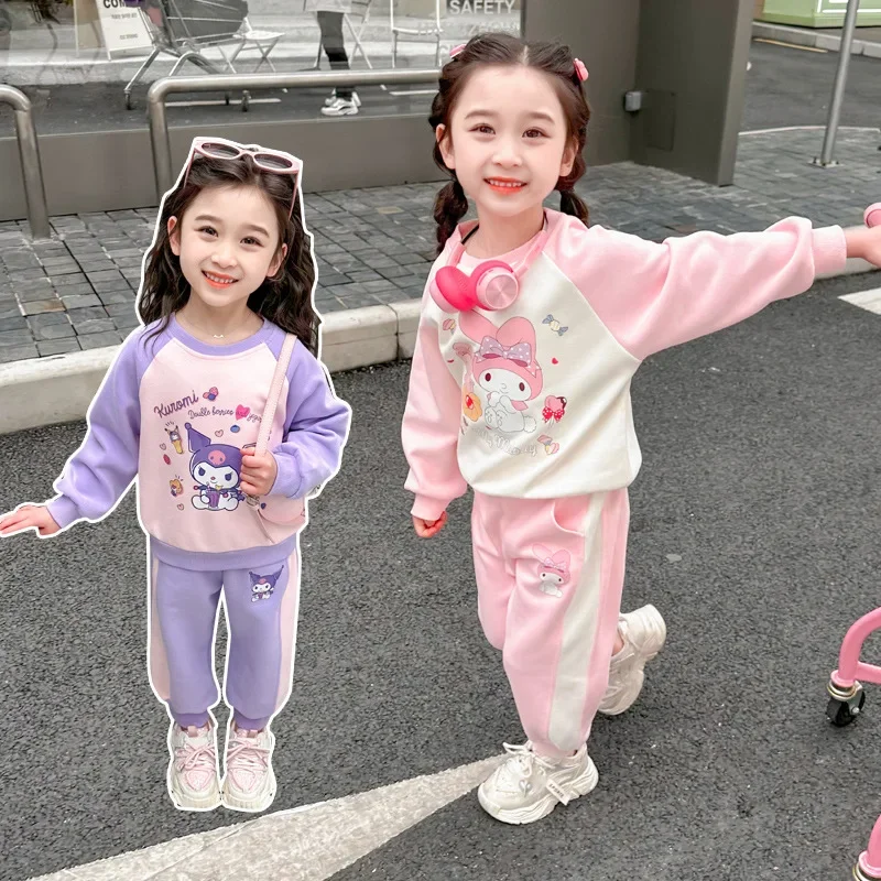 Anime Sanrio Kuromi My Melody Cartoon Children's Clothing Set Loose Long Sleeved Sportswear Suit Wholesale Girl Birthday Gifts