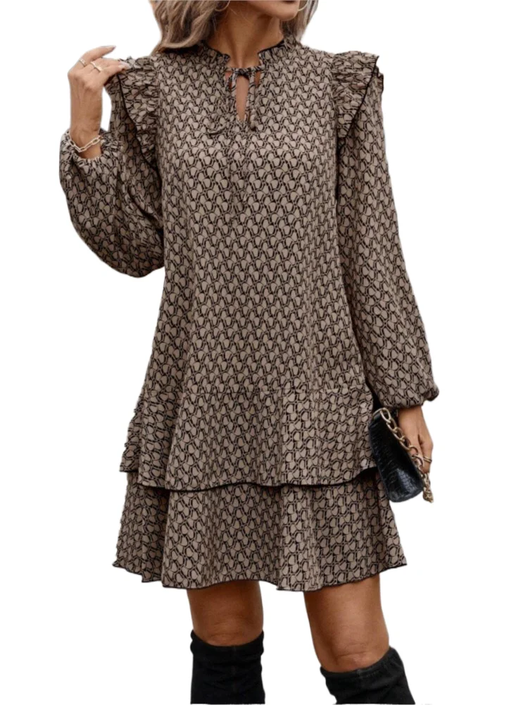 

Autumn Women's Print Dress New Fahsion Elegant Casual Long Sleeve Loose Office Holiday Party Mini Dresses For Women Robe Femme