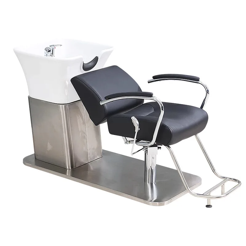 

Shampoo bed barber shop, special semi-reclining head treatment bed, simple stainless steel, deepened ceramic basin