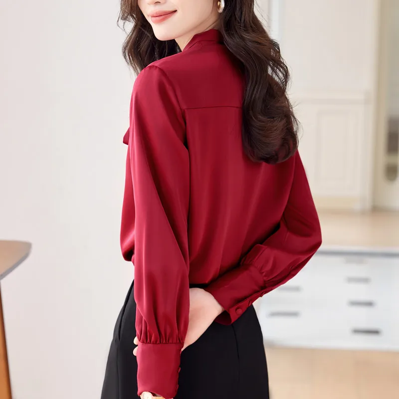 NAVIU Wine Red Shirt Women Spring Autumn New Elegant Temperament V Neck Bow Tie Blouses Office Ladies Work Tops White