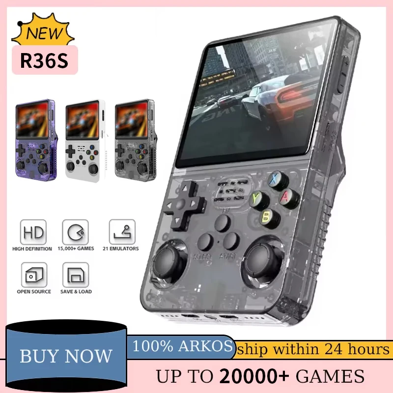 R36S 레트로 휴대용 게임기 오리지널 아르코스 시스템 3.5인치 IPS 화면 포켓 비디오 플레이어 게임 64GB 128GB 소년 선물