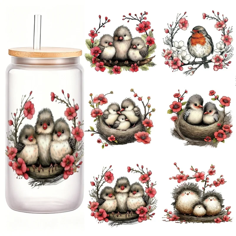 6Pcs Cute Baby Bird & Red Plum Blossom UV DTF Cup Wraps for 16oz Glass Can, Waterproof Floral Bird Transfer Stickers
