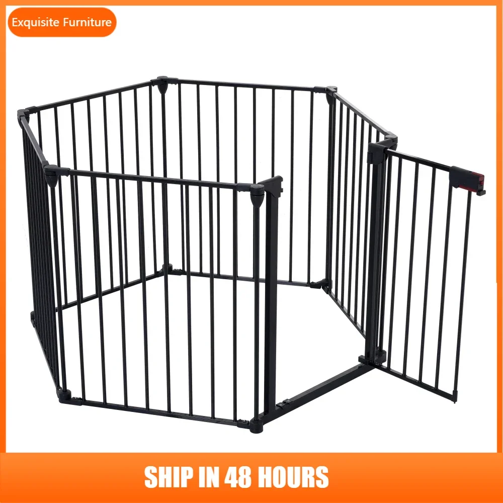 

150" Adjustable Safety Gate 6 Panels Play Yard Metal Doorways Fireplace Fence Christmas Tree Fence Gate for House Stairs Gate
