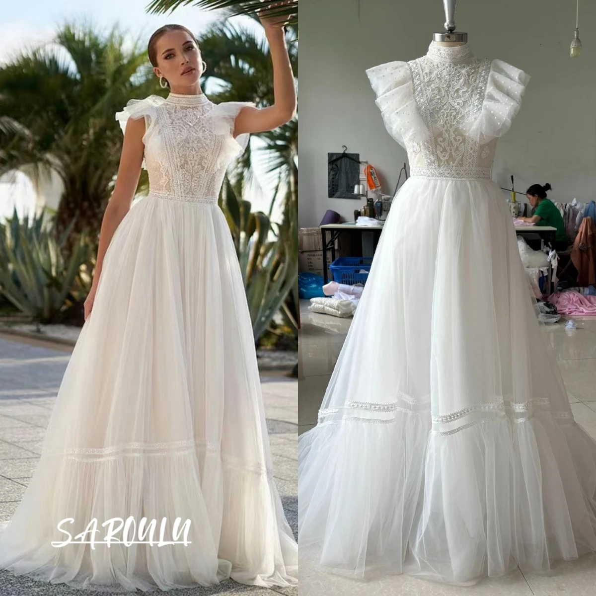 Flare Sleeves Boho Wedding Gown for Women High Neck Tulle Beach Bride Dresses Lace Behemian Bridal Robe De Soriee