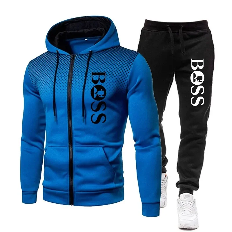 Roupas masculinas outono e inverno casual roupas esportivas terno de fitness ao ar livre zíper jaqueta com capuz + moletom jogging conjunto de duas peças