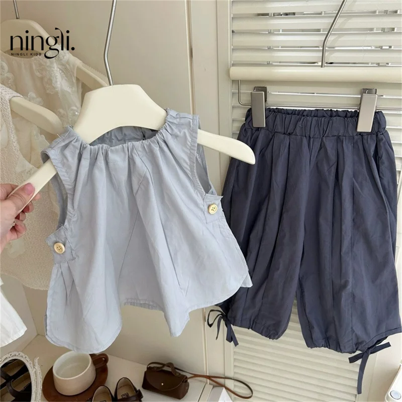 

Girls' Summer New Korean Style Set Fashionable Flutter Sleeve Vest Dress Lantern Pants Baby Casual Two-Piece Set