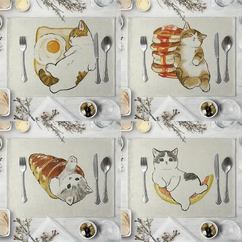 2pc Cartoon Cat Linen Blend Table Mats Heat Insulation Pads Perfect for Home Kitchen Dining Decor Ideal for Weddings Parties