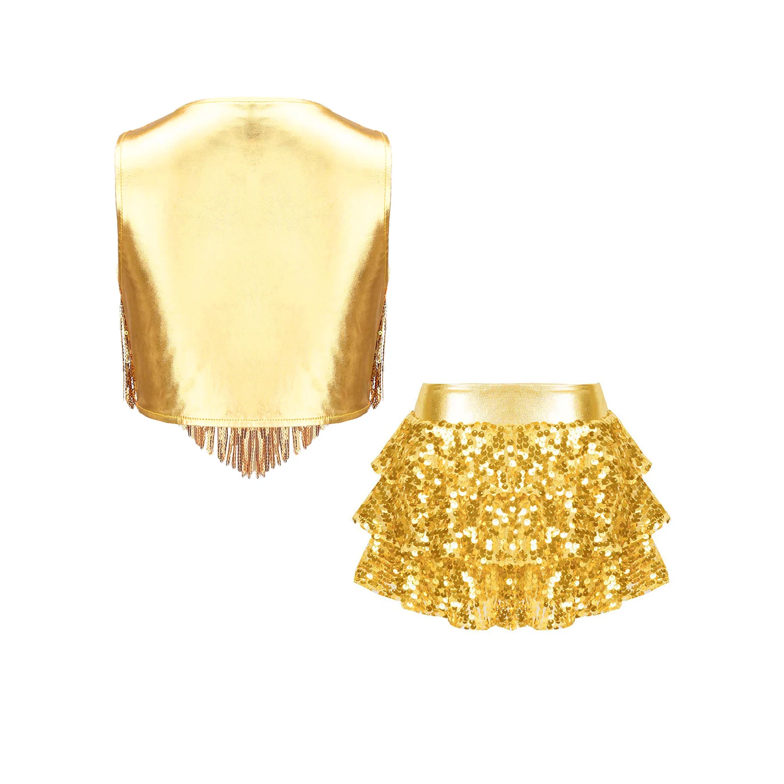 أطفال بنات 2 قطعة 70S ديسكو الجاز أزياء رقص لامعة الترتر أكمام الصدر شرابات مع طبقات كشكش متجنب السراويل