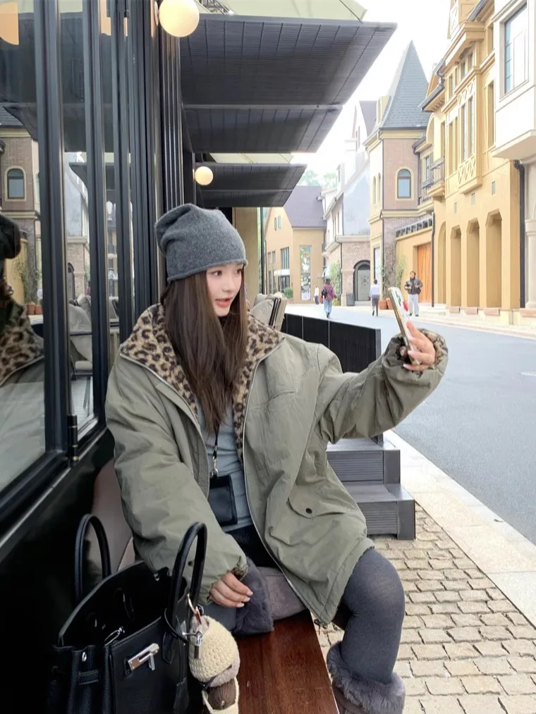 

American Sle Leopard Print Double-Sided Wear Cotton Jaet Women's Spring Lazy Medium-Length Workwear Cotton Coat